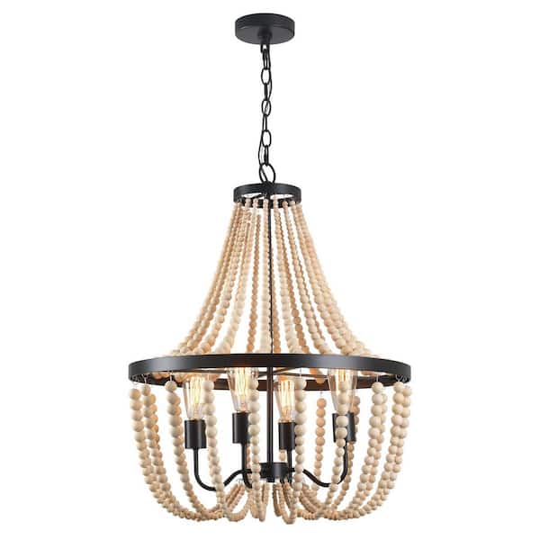 Unbranded Elegant Series 4 Light Black Wooden Bead Modern Chandelier for Living Room with no bulbs included