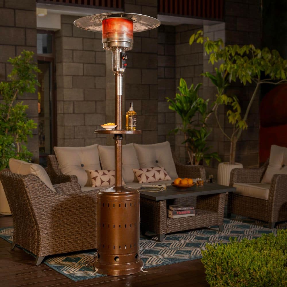 46,000 BTU Metal Brown Propane Gas Patio Heater with Wheels and Drink Stand