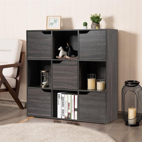 35.5 in. Tall Gray 9-Cube Bookcase Cabinet Wood Bookcase Storage Shelves Room Divider Organization
