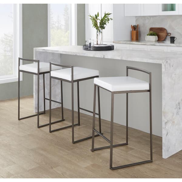 Lumisource Fuji 27.75 in. White Faux Leather and Antique Metal Stackable Counter Stool (Set of 3)