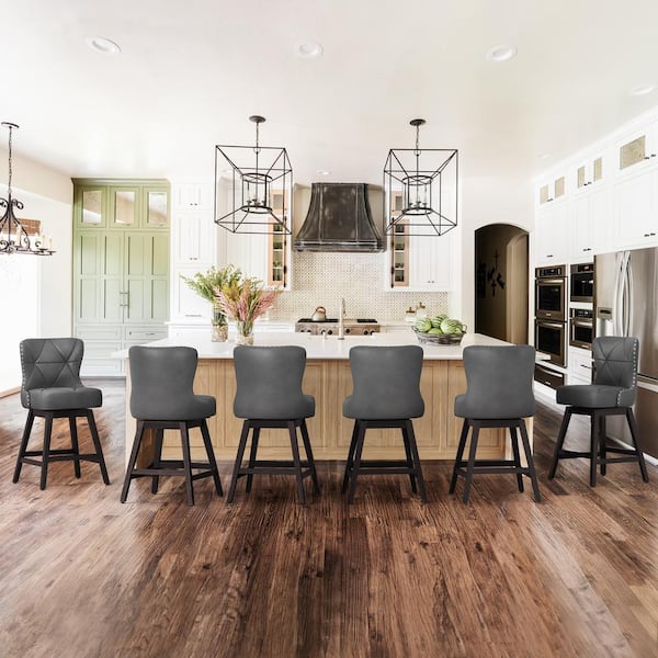 OrangeOne Hampton 26 in. Dark Gray Solid Wood Frame Counter Stool with Back Faux Leather Upholstered Swivel Bar Stool Set of 6