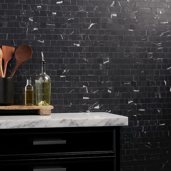Heritage Nero 6 in. x 0.37 in. Hand Clipped Joint Honed Marble Mosaic Floor and Wall Tile Sample