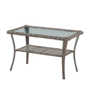 Carlos Gray Rectangular PE Wicker 20 in. Outdoor Coffee Table With Storage Glass Top Wicker Table