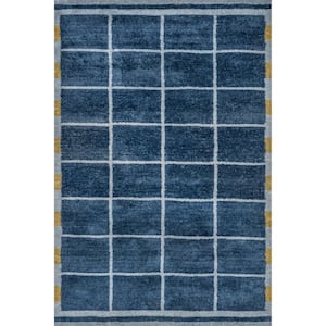 Emily Henderson Fountain Checked Wool Blue 8 ft. x 10 ft. Indoor/Outdoor Patio Rug