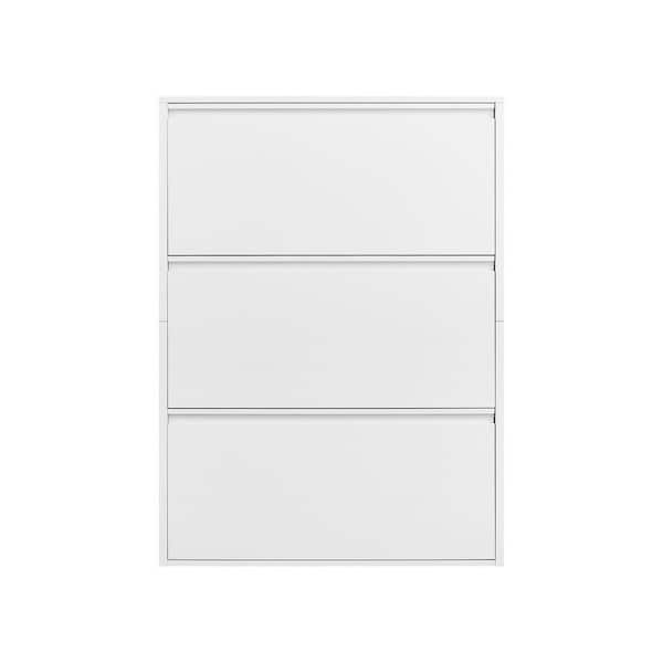43 in. H x 31.5 in. W Wall Mounted Metal Shoe Storage Cabinet with 3 Flip Drawers, Narrow Slim Hidden Storage, White
