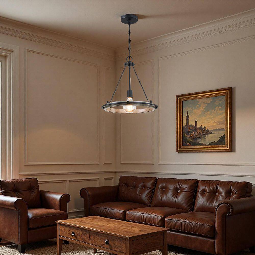 Avex 1-Light Wood and Black Pendant Light with Round Steel Frame, No Bulbs Included price history on PriceWatchPro