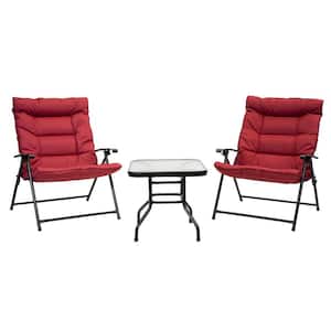 3-Piece Metal Outdoor Bistro Folding Set with Scarlet Cushions and Dark Powder Frame