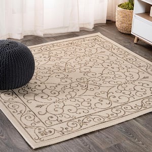 Charleston Beige/Brown 5 ft. Vintage Filigree Textured Weave Indoor/Outdoor Square Area Rug