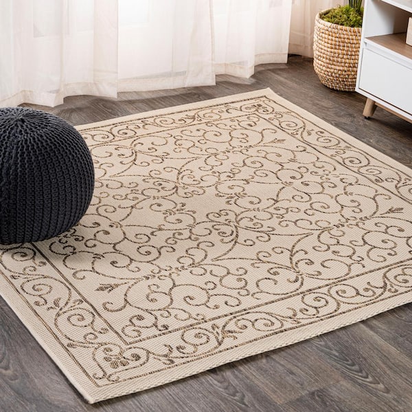JONATHAN Y Charleston Beige/Brown 5 ft. Vintage Filigree Textured Weave Indoor/Outdoor Square Area Rug