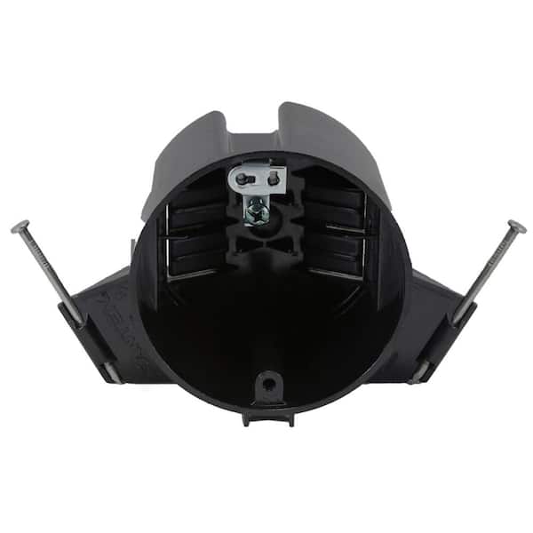 New Work 18 cu. in. Nail-on Round Electrical Ceiling Box with Wiring Clamps and Ground Lug, 50-lb. Capacity, Black