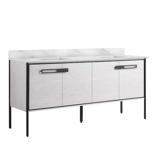 FINE FIXTURES Oakville 72 in. W x 20.5 in. D x 33.5 in. H Bath Vanity in Mild Grey Oak with White Ceramic Top