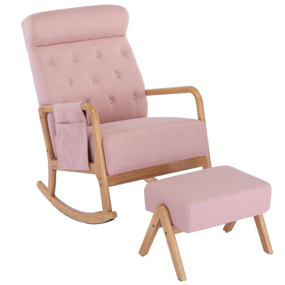 Solid Wood Outdoor Rocking Chair with Ottoman and with Thick Padded Cushion