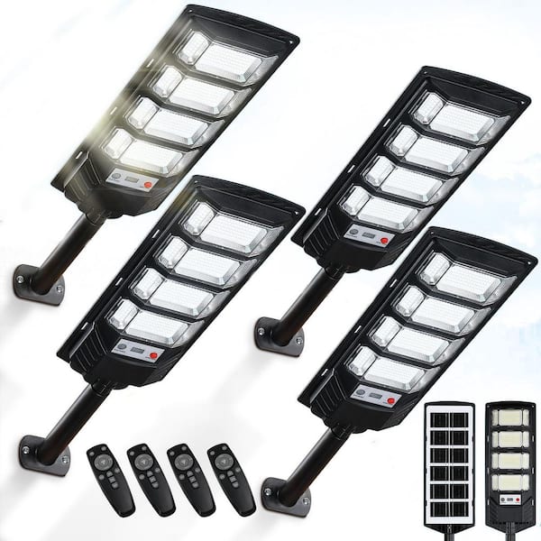 4 Pack 10000 Lumen 6500K LED Solar Street Light Outdoor 6500K Wide Angle Dusk to Dawn Work Light Motion Sensor Remote