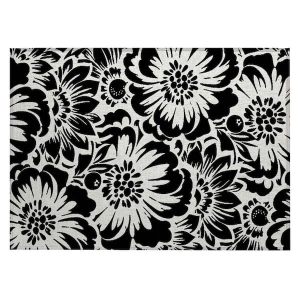 Black and Ivory 2 ft. x 3 ft. Woven Floral Rectangle Indoor/Outdoor Area Rug