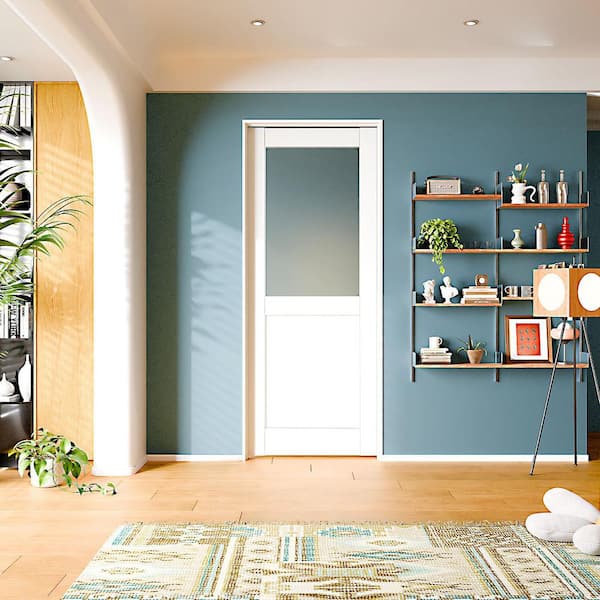 32 in. x 80 in. Left-Handed 1/2 Lite Frosted Glass Solid Core White MDF Wood Prehung Interior Door with Jamb Hardwares