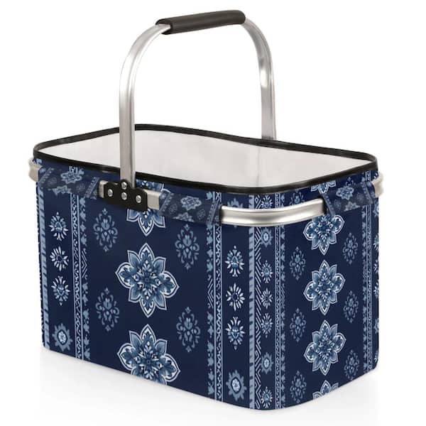 Tribal-Floral Vintage Blue Collapsible Picnic Basket with Handle, 40L Aluminum Frame Shopping Tote