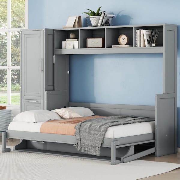 Harper & Bright Designs Gray Multifunctional Wood Frame Full Size Murphy Bed with Closet and Drawers