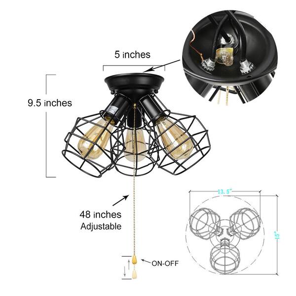 Lnc Hine 3 Light Modern Industrial Black Open Cage Semi Flush Mount Versatile Ceiling With Pull String A03150 - 3 Light Ceiling Fixture With Pull Chain