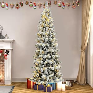 8 ft. White Pre-Lit Hinged Artificial Christmas Tree with Remote Control Lights