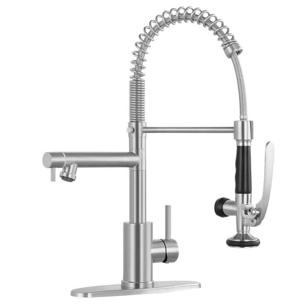 Single Handle Pull Down Sprayer Kitchen Faucet with 2-Spout Commercial Kitchen Faucets in Brushed Nickel