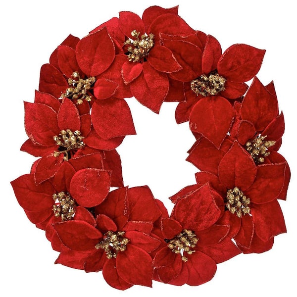 16 in. Red Artificial Glitter Poinsettia Wreath