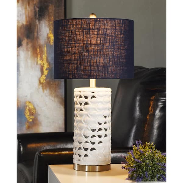 StyleCraft 27 in. White/Silver/Sand Table Lamp with Navy Blue