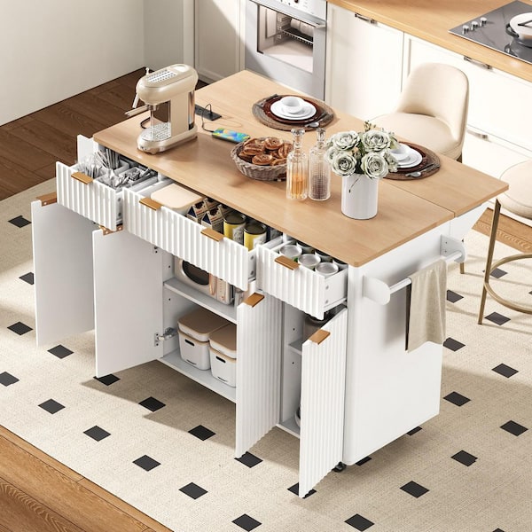 PDTEND White Fluted Wood-Grain Top Large 55.5 in. W Kitchen Island