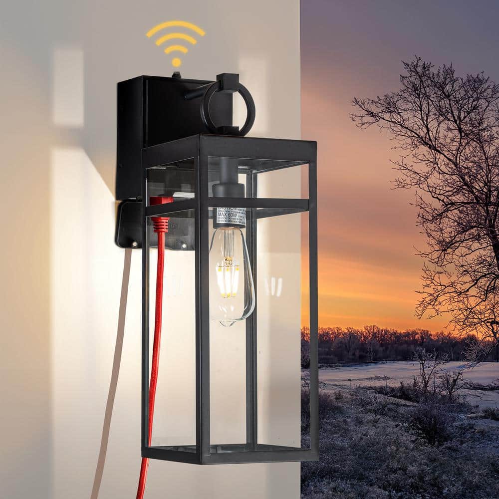 1-Light 6 in. Black Dusk to Dawn Sensor Outdoor Wall Sconces with Glass and