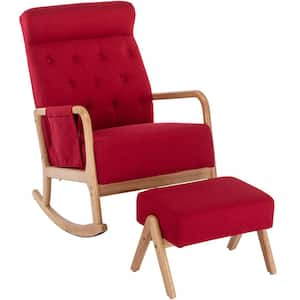 Solid Wood Outdoor Rocking Chair with Ottoman and with Thick Padded Cushion