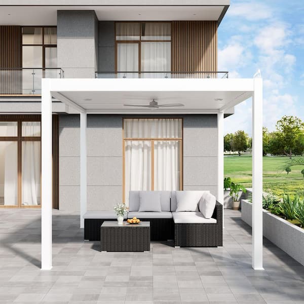 10 ft. x 14 ft. Ivory Aluminum Patio Pergola with Built-In Solar Panel, Ceiling Fan and Round LED Light