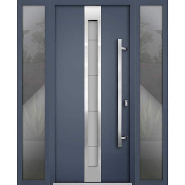 VDOMDOORS 64 in. x 80 in. Left-Hand/Inswing 2 Sidelights Frosted Glass Gray Graphite Steel Prehung Front Door with Hardware