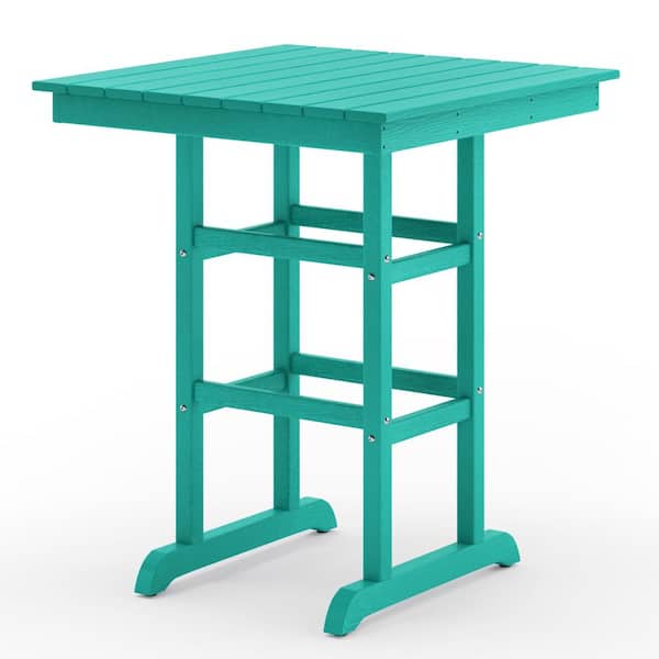 LUE BONA 31.3 in. x 31.3 in. x 38 in. Lake Blue Plastic Square Outdoor Dining Bistro Table, Outdoor Bar Table