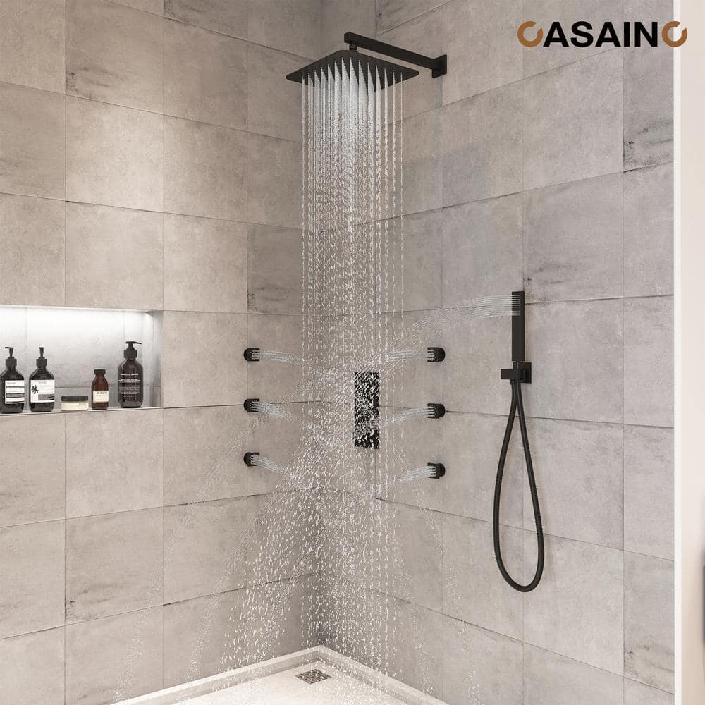 Matte Black 12-Inch Wall Mounted Shower System with Body Jets