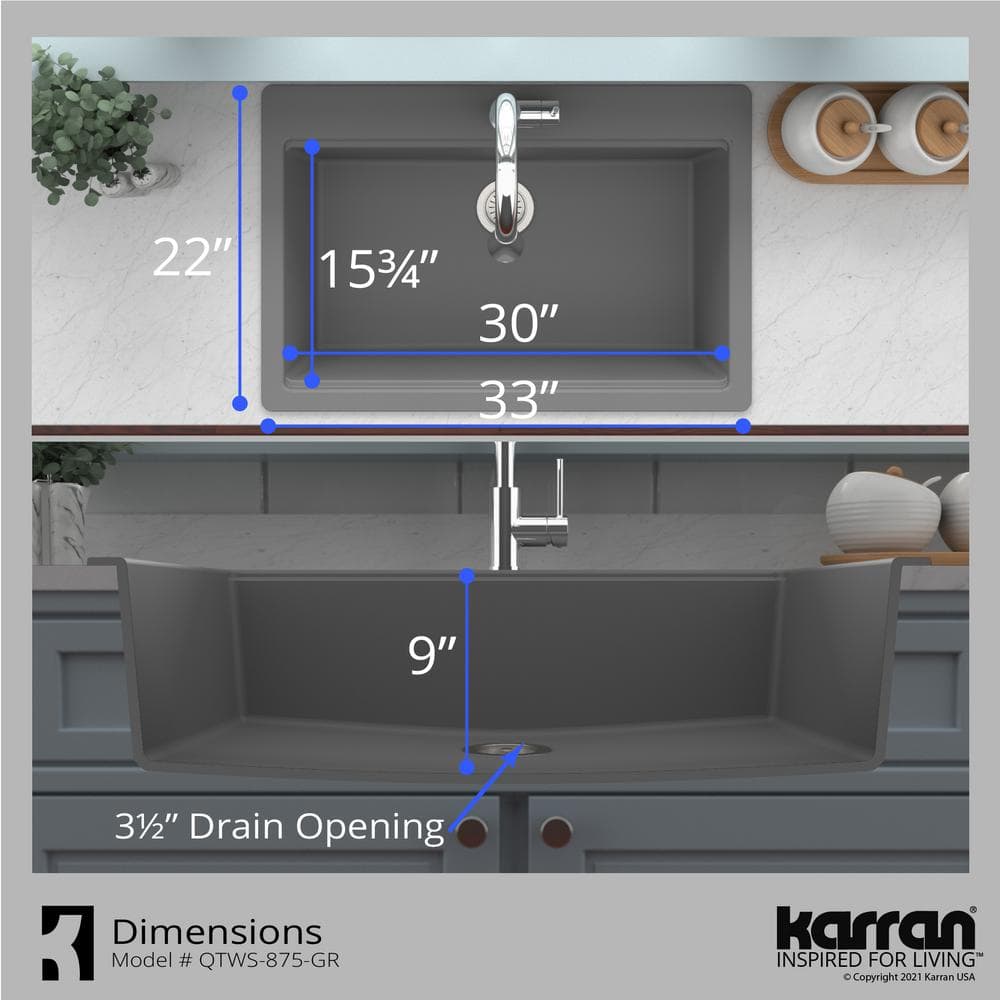 Gray Quartz 33'' Single Bowl Drop-in Workstation Sink