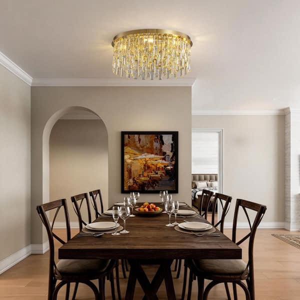 SILJOY 7-Light Gold Crystal Round Flush Mount Chandelier with