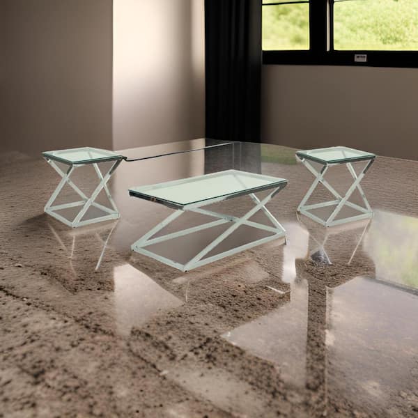 Benjara Gen 24 in. Chrome and Clear Rectangle Glass 3-Piece Coffee Table Set with Chrome Metal Base