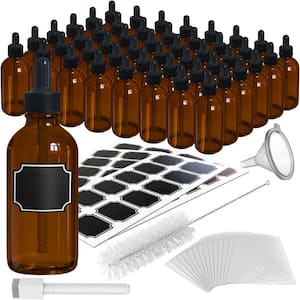 4 oz. Glass Dropper Bottles with Funnel, Brush, Shrink Wrap, Marker and Labels - Amber (Pack of 48)