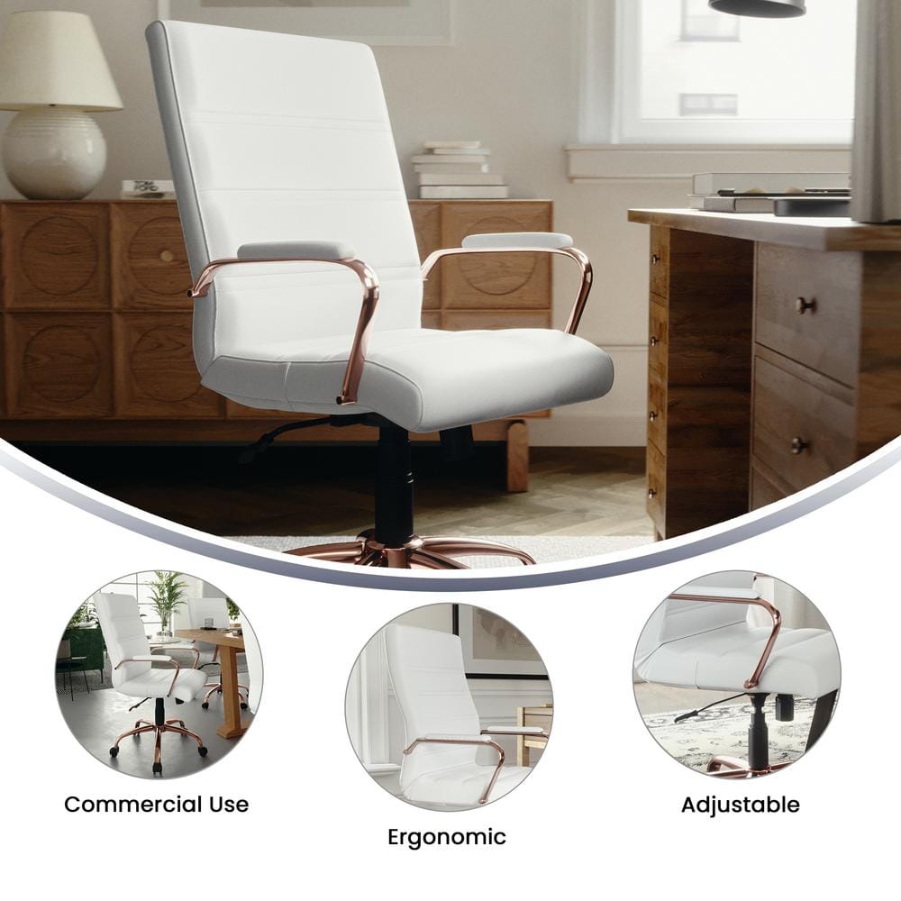 Mid-Back White LeatherSoft Executive Chair with Rose Gold Metal Base