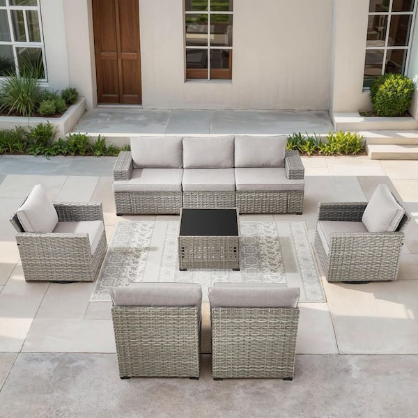ModNest Taupe 8-Piece Wicker Patio Conversation Set, Modular Sofa Set with Beige Cushions and 2 Swivel Gliders