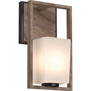 Paxton 1-Light 6 in. Pecan and Black Indoor Vanity Wall Sconce or Wall Mount with Frosted Glass Tapered Shade