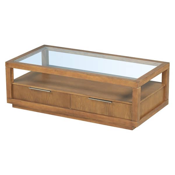 Zeus & Ruta Brown Solid Wood Outdoor Coffee Table with 2 Drawers Transparent Tempered Glass Open Storage Shelf for Living Room