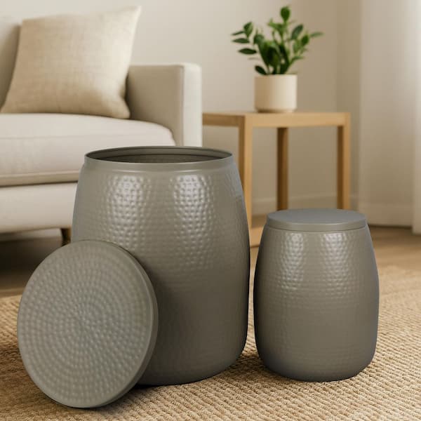 Merida Modern Rustic 2-Piece Hammered Metal Drum Storage Side Tables with Lids, Almond