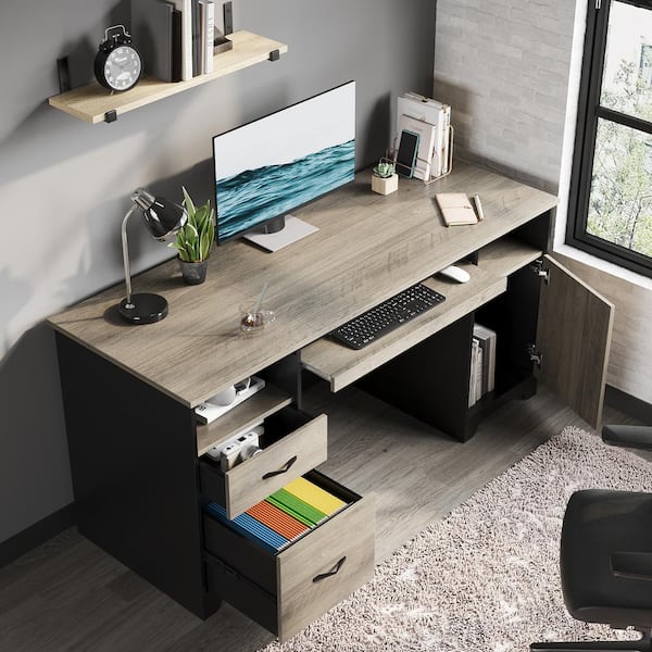 59 in. Rectangular Grey 2-Drawers Computer Writing Desk with Storage Cabinet and 2-Open Storage
