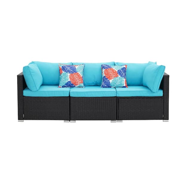 OVASTLKUY 3-Piece Blue Wicker Rattan Patio Furniture Set Patio Conversation with Cushions