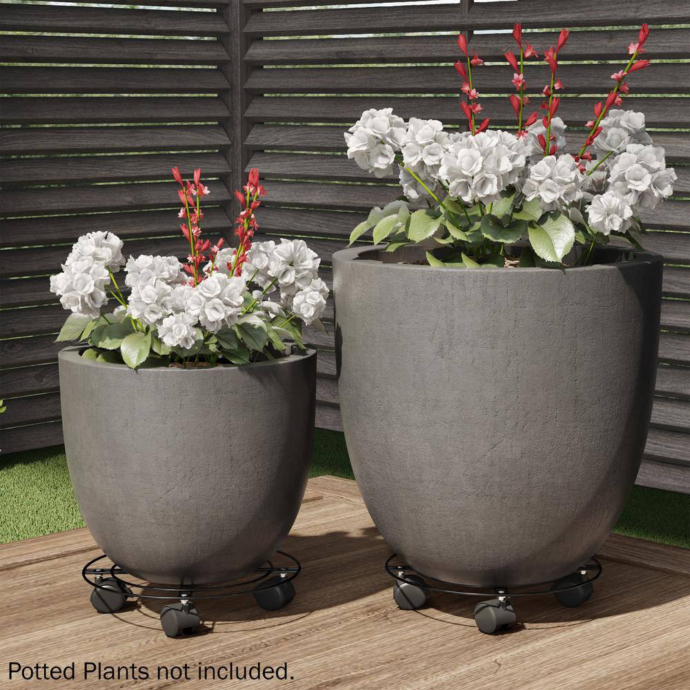 Set of 2 Black Metal 12" Round Plant Caddies with Wheels