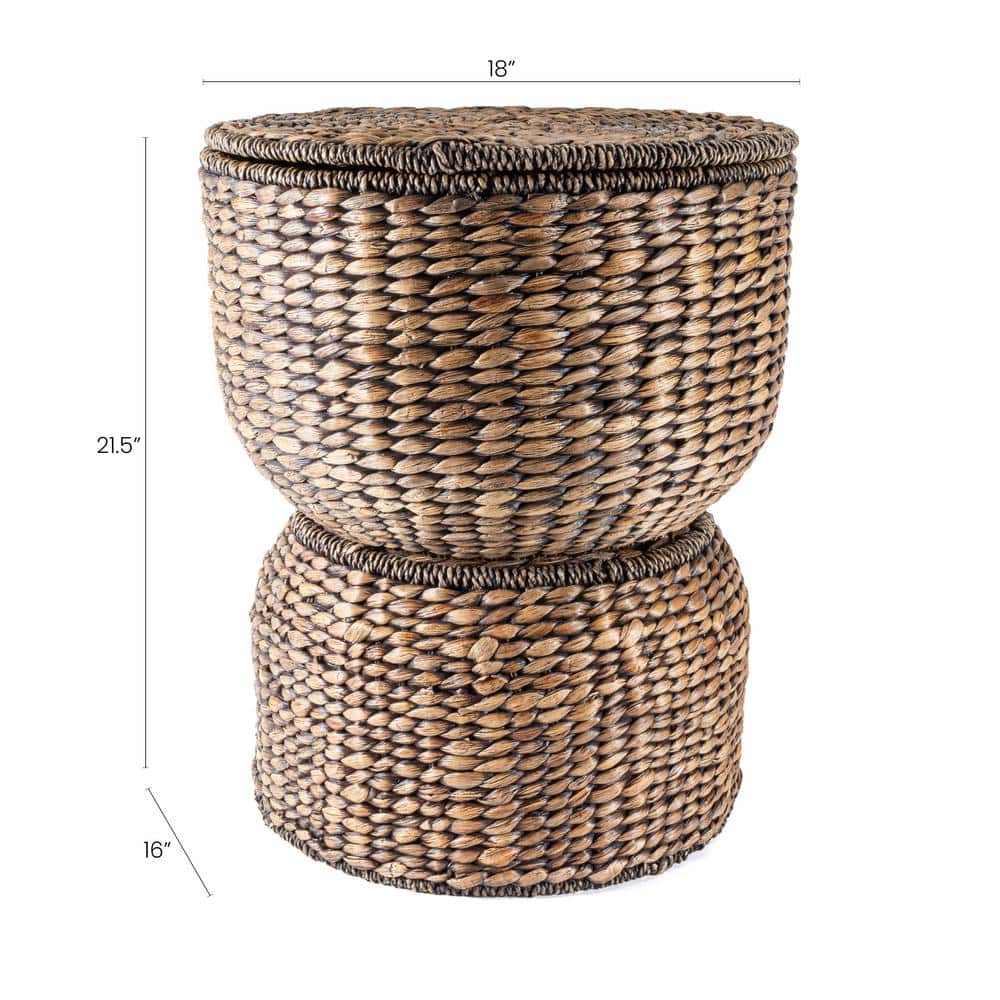 18" Brown Wash Handwoven Hyacinth Storage Accent Table