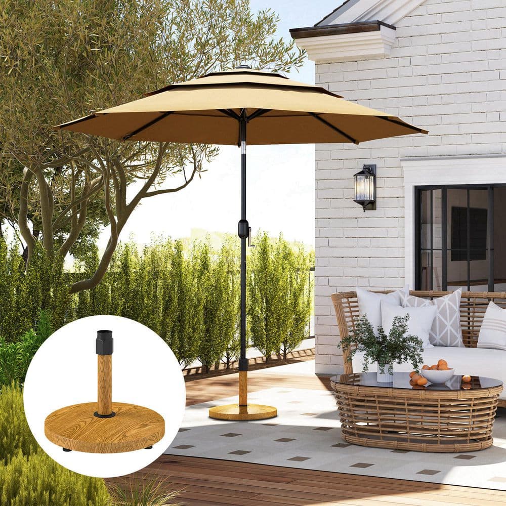 Natural Wood and Concrete Patio Umbrella Base with Wheels