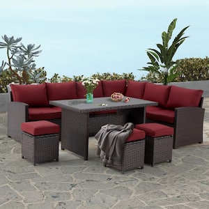 7-Piece Wicker Outdoor Sectional Sofa Set Patio Conversation Set with Red Cushion for Garden, Lawn, Balcony