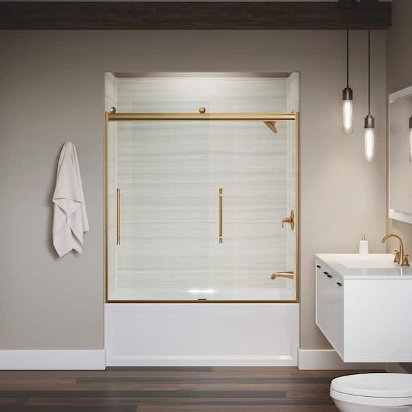Elmbrook 55-60 in. W x 62 in. H Sliding Frameless Bathtub Door in Vibrant Brushed Brass with Crystal Clear Glass