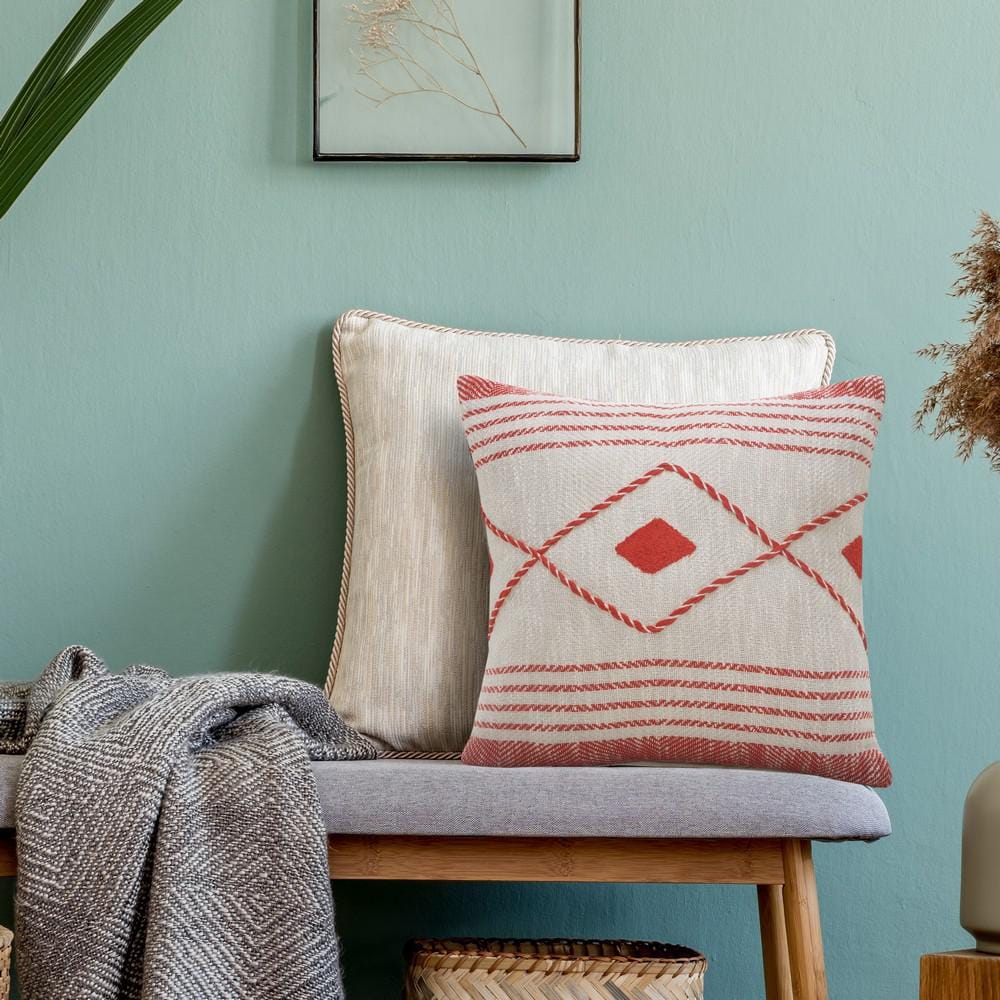 Coastal Edge Red and White Geometric Diamond Throw Pillow